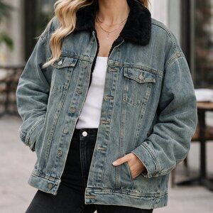 Swee Lo Vintage Denim Jacket with Black Rabbit Fur Trim – Size Small
